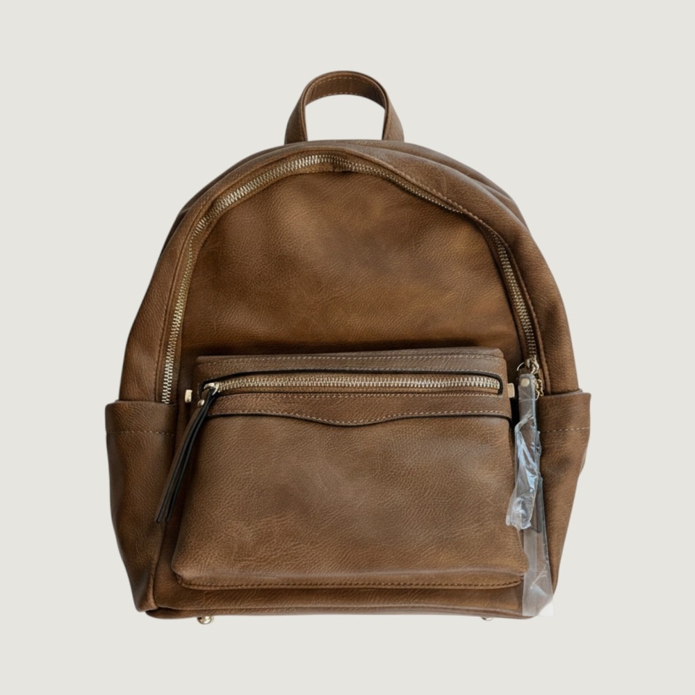 Mellow World Brown Vegan Leather Backpack Gold Zipper Front & Back Pocket NWT